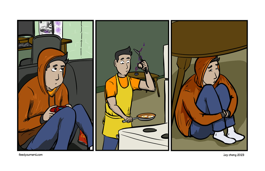 Panel 1: Shantz is playing videogames in all his comfiness. Panel 2: Shantz cooking comfy foods. breakfast is for all times. Panel 3: Shantz in comfy clothes tucked up in his comfy ball under his table. 