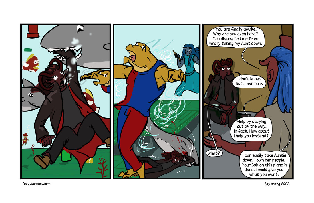 panel 1: a Shark bites down on Skamnos' arm while Chippy swims to catch up. Panel 2: Chippy is forcefully floated away by Anya's aunt while the Shark drags skamnos down into the depth. Panel 3: Skamnos is in a room still a little damp, and Anya asks him to get out of her way, and that she will help him with something he wants. 